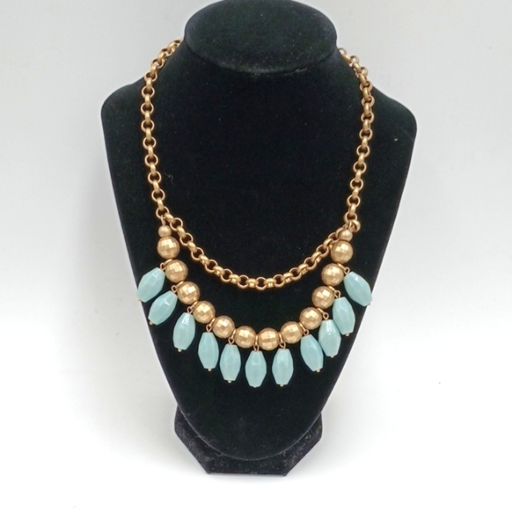 Retired Lia Sophia Bib Necklace Turquoise Colored Lucite Stones Gold Brass